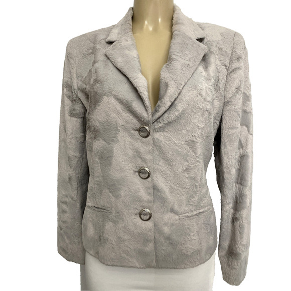 Future Ozbek Jacket Blazer Three button Faux Fur Gray Long Sleeve Notch 14 XL - Picture 2 of 10